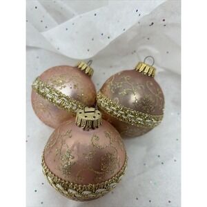 3‎ Vtg. W. Germany Krebs Christmas Ornaments Glass Balls Peach Pink Gold